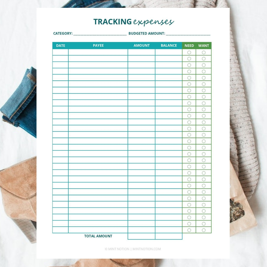 tracking expenses printable Mint Notion