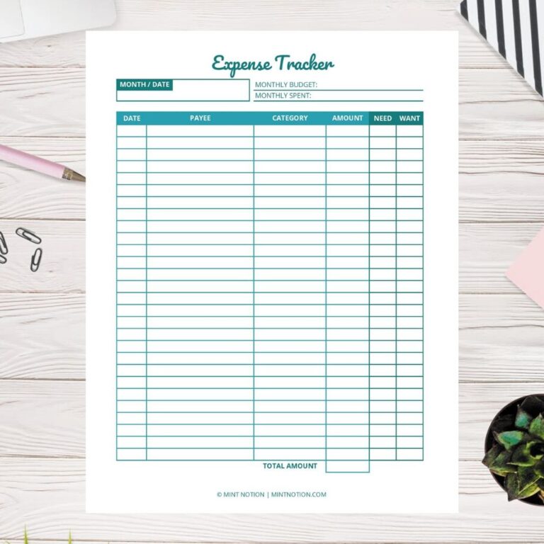 printable simple monthly expense tracker
